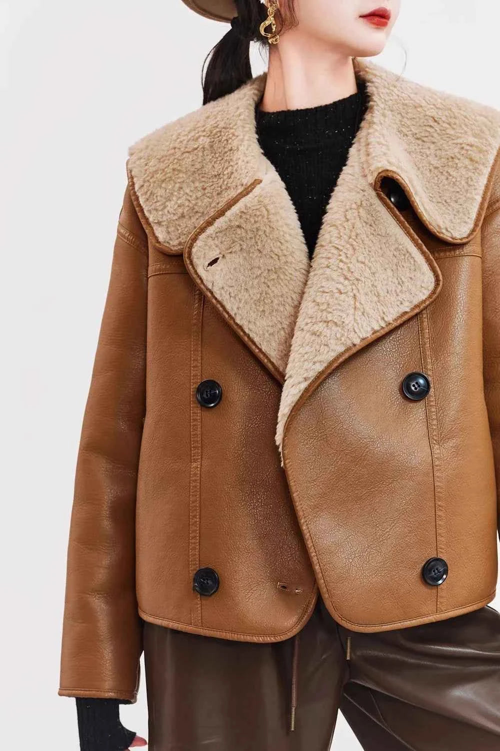 Women Warm Shearling Double Breasted Aviator Leather Jacket