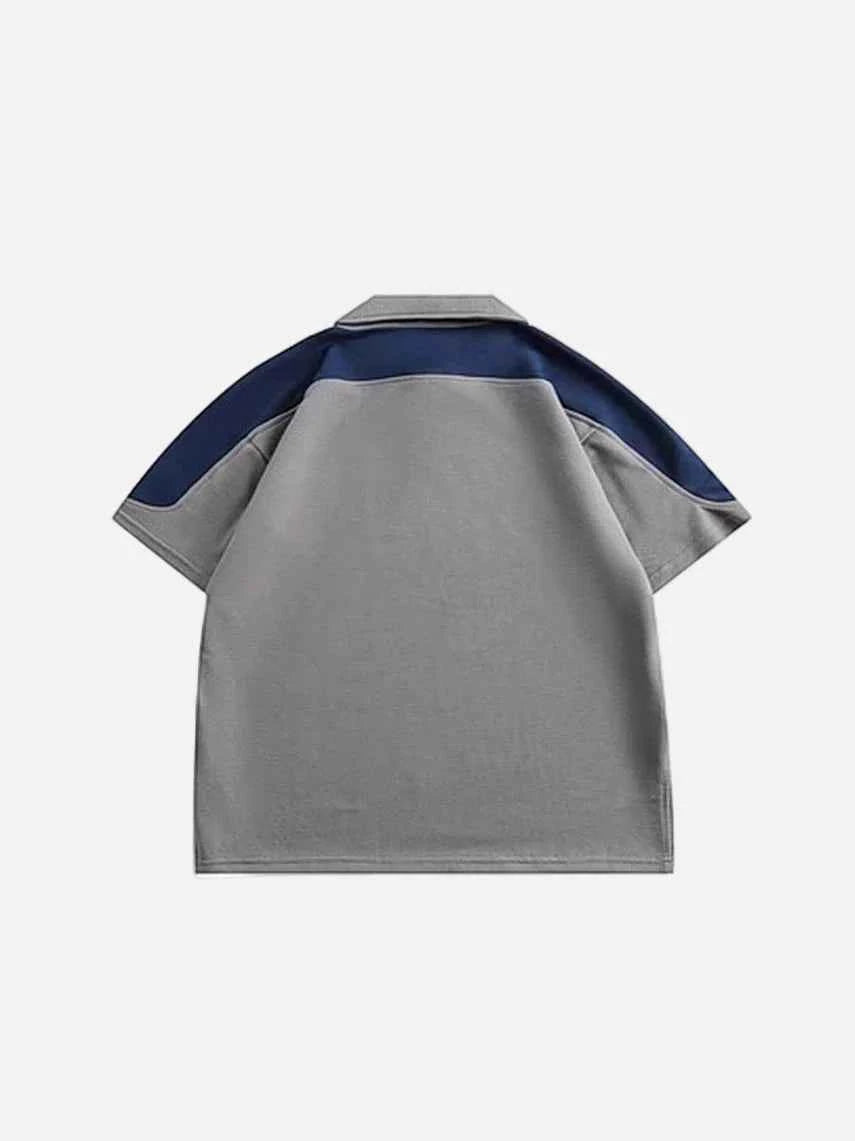 American Style Retro Color Block Polo Casual T-Shirt
