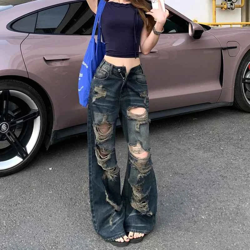 Breathable Washed Ripped High-Waist Jeans