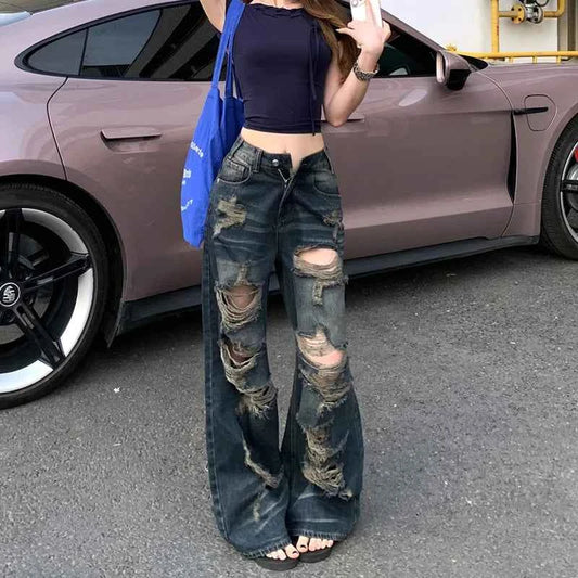 Breathable Washed Ripped High-Waist Jeans