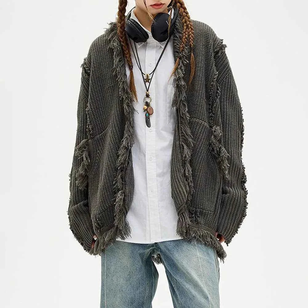 Chic Retro Tassel Ripped Long Sleeve Cardigan