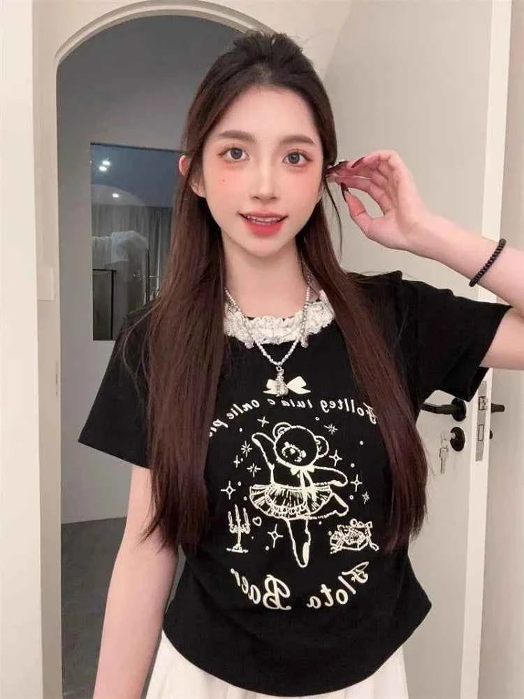 Sweet Cartoon Bear Printed Lace T-Shirt