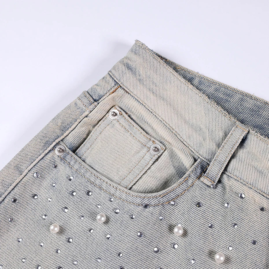 Streetwear Unisex Pearl Denim Shorts
