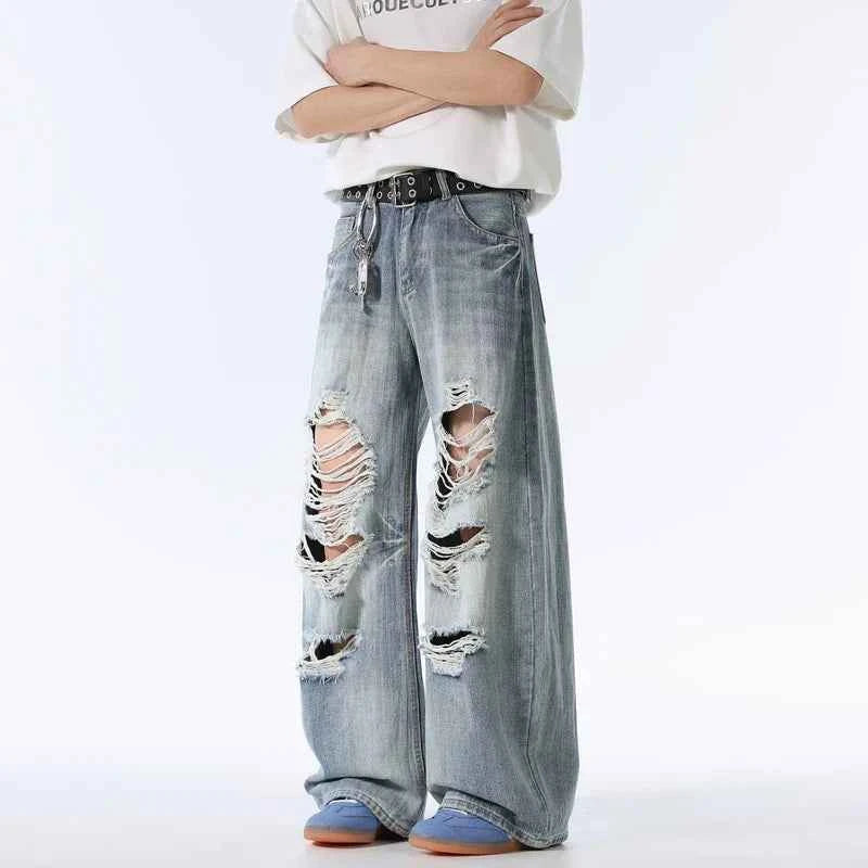 Lightweight Distressed High Waisted Wide Leg Jeans