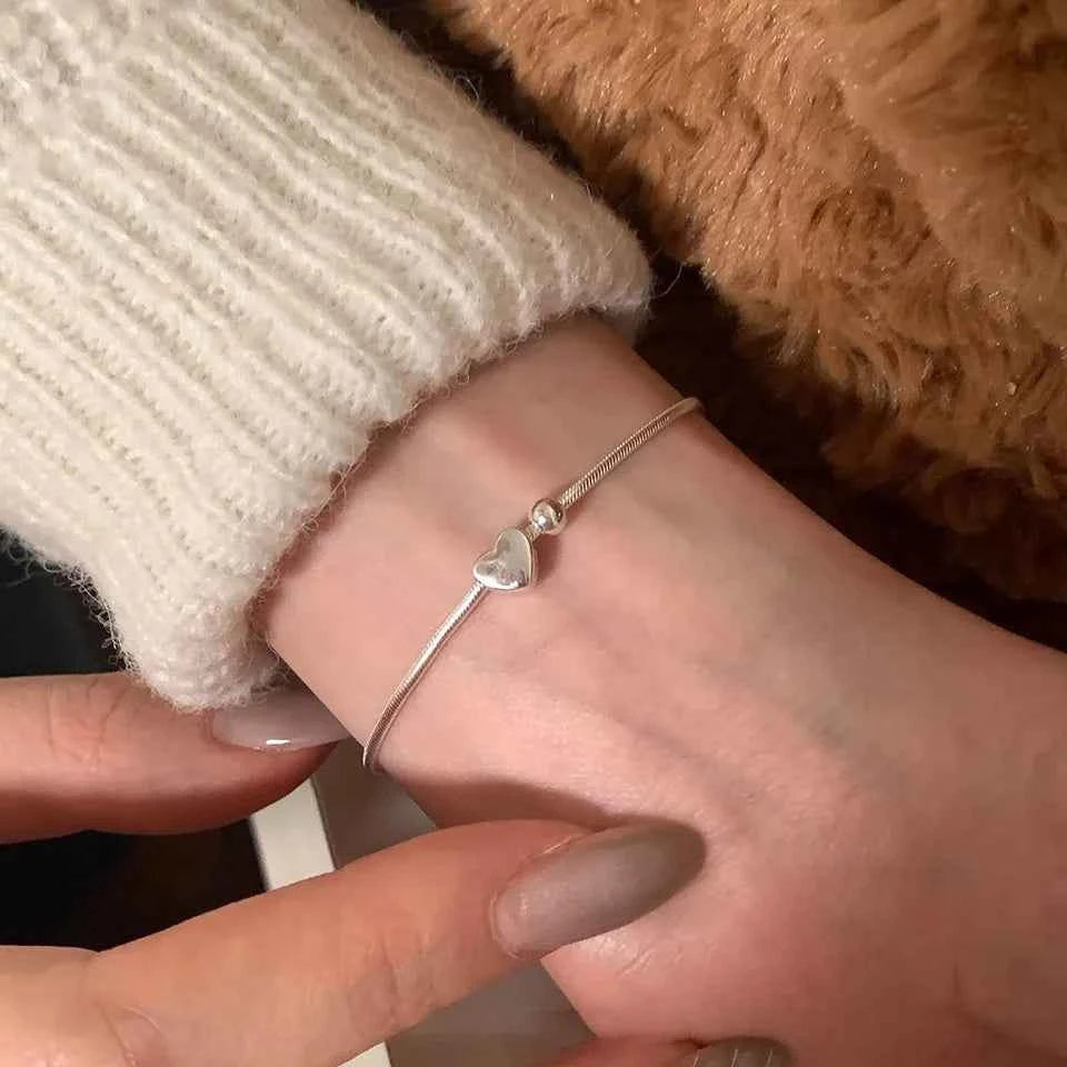 Women Cute Minimalist Sterling Silver Heart Bracelet