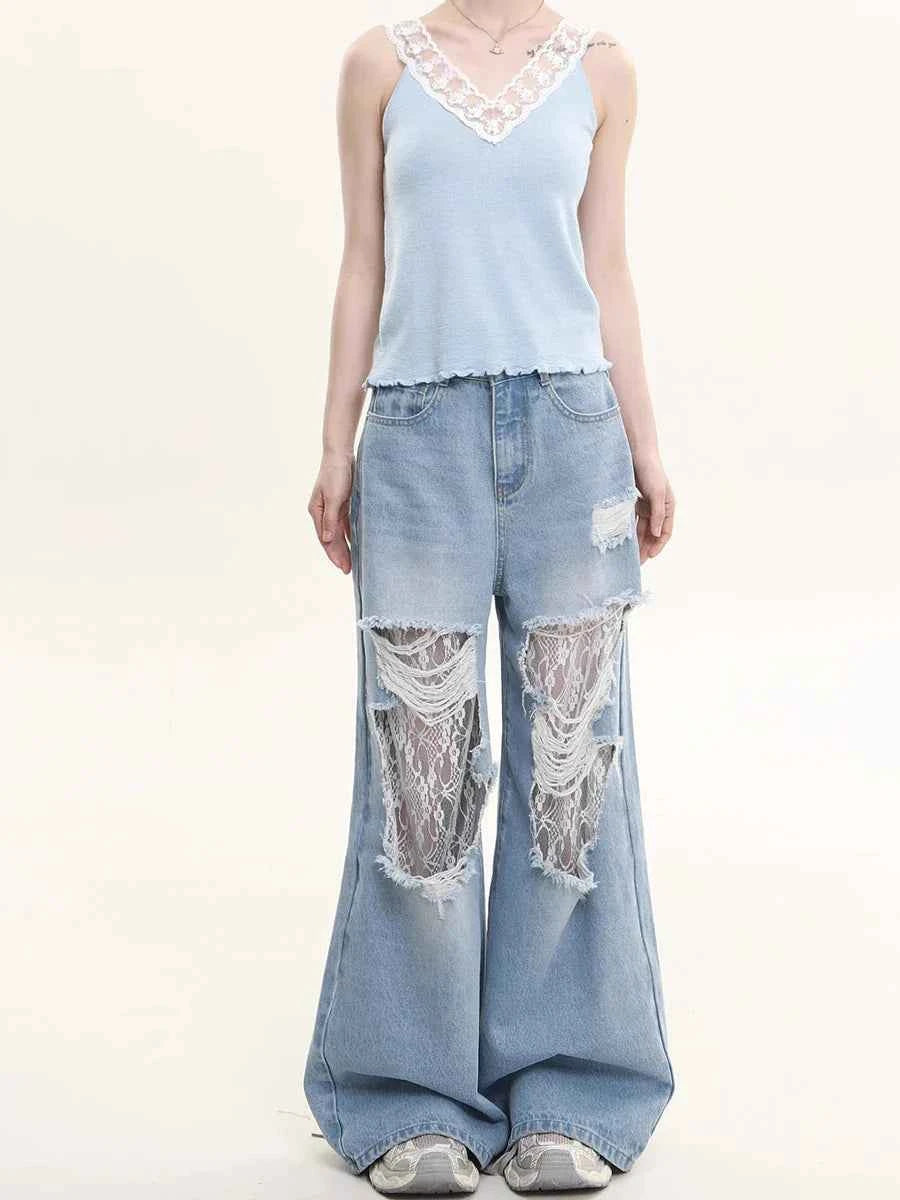 Women Vintage Lace Loose Fit Wide Jeans