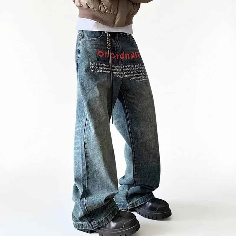 Retro Korean Letter Printed Wide Leg Jeans