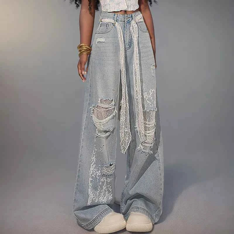 Women New Trendy Lace Hole High Jeans