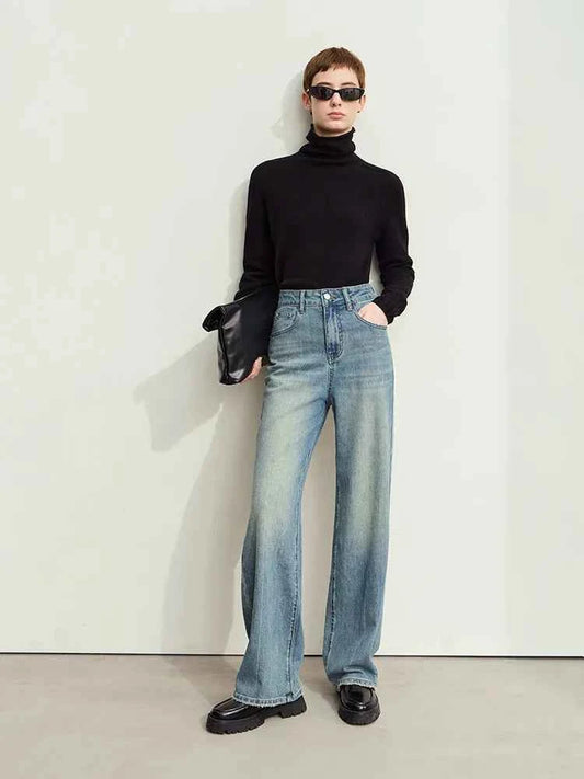 Amii Minimalism Leather Contrast Jeans