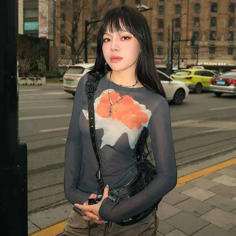 Vintage Mesh Long Sleeve Graphic T-Shirt
