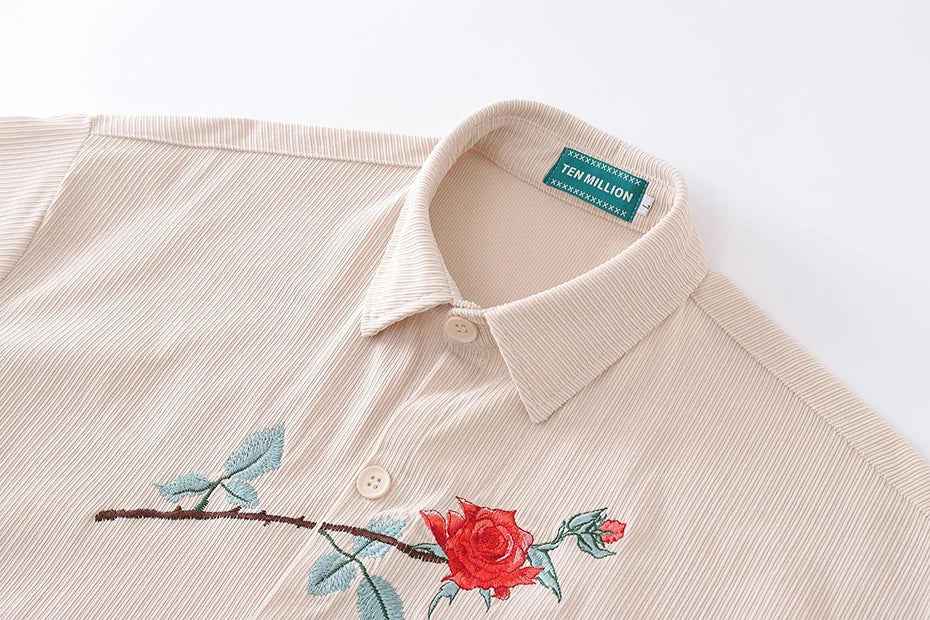 Rose Embroidery Corduroy Button-Up Short Sleeve Shirt