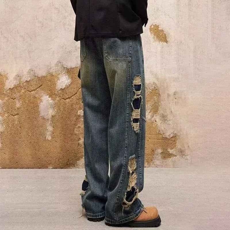 Vintage Distressed Cutting Wide Leg Denim Jeans