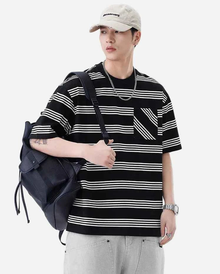 Chic Loose Fit Striped with Front Pocket T-Shirt