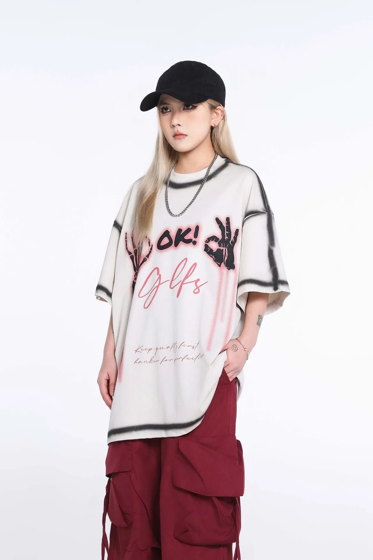 Black Lining Skeleton Hands Graphic T-Shirt