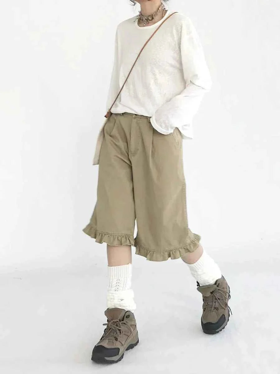 Chic Khaki Ruffled High Waist Jorts