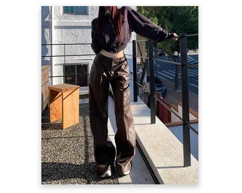 Distressed Brown PU Leather Wide Leg Pants