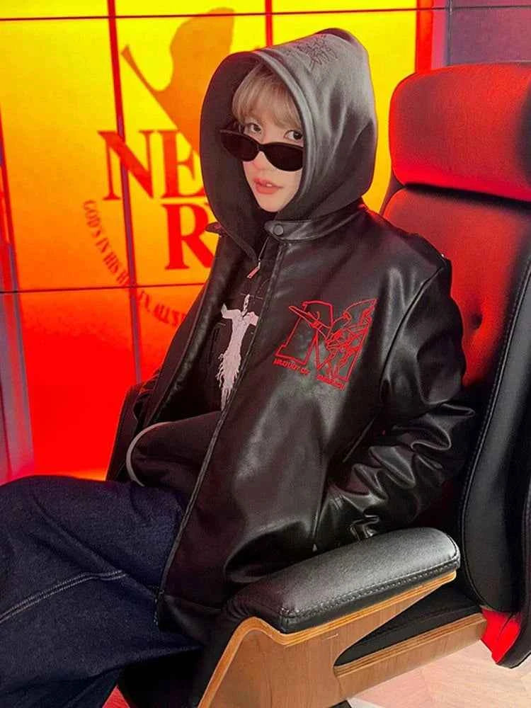 Y2K Stylish Gothic Retro Zipper Hooded Leather Jacket