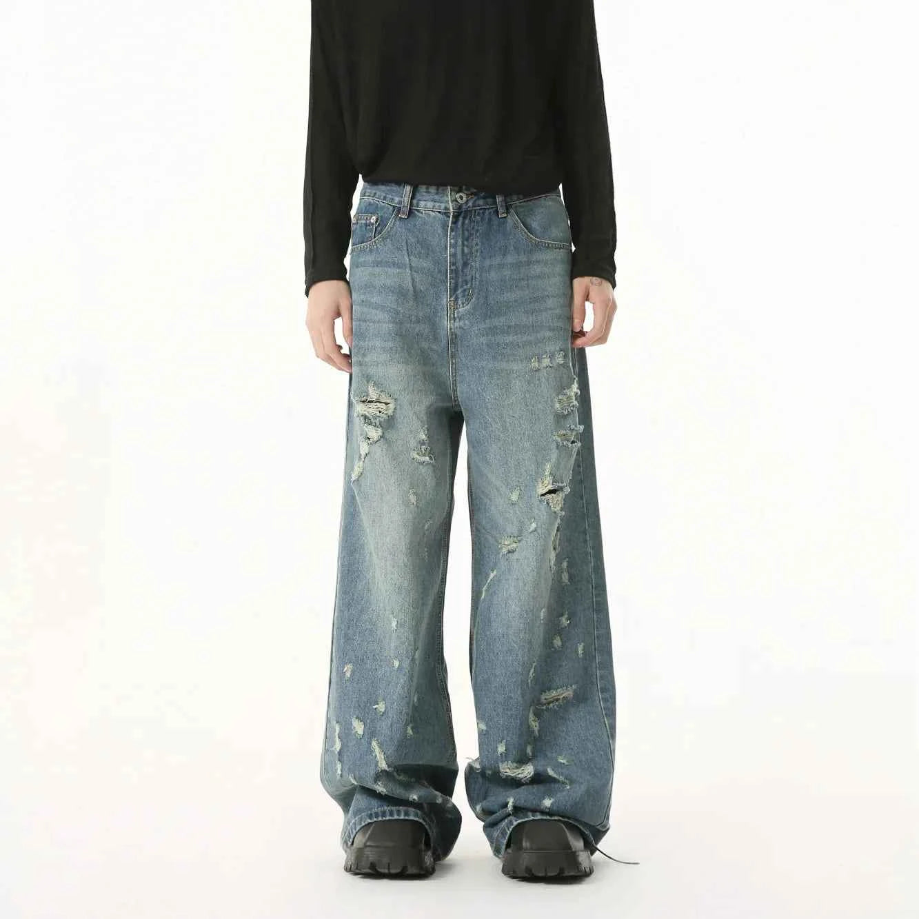 Streetwear Washed Irregular Hole Baggy Jeans