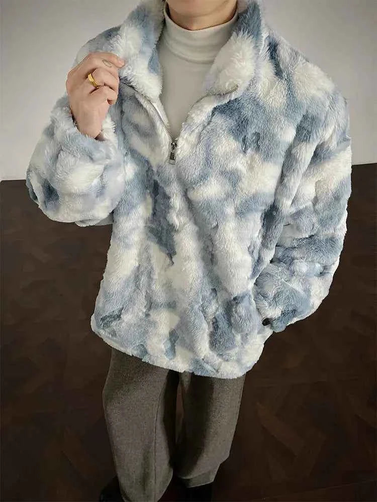 Winter Tie-Dye Stand-Collar Faux Fur Jacket