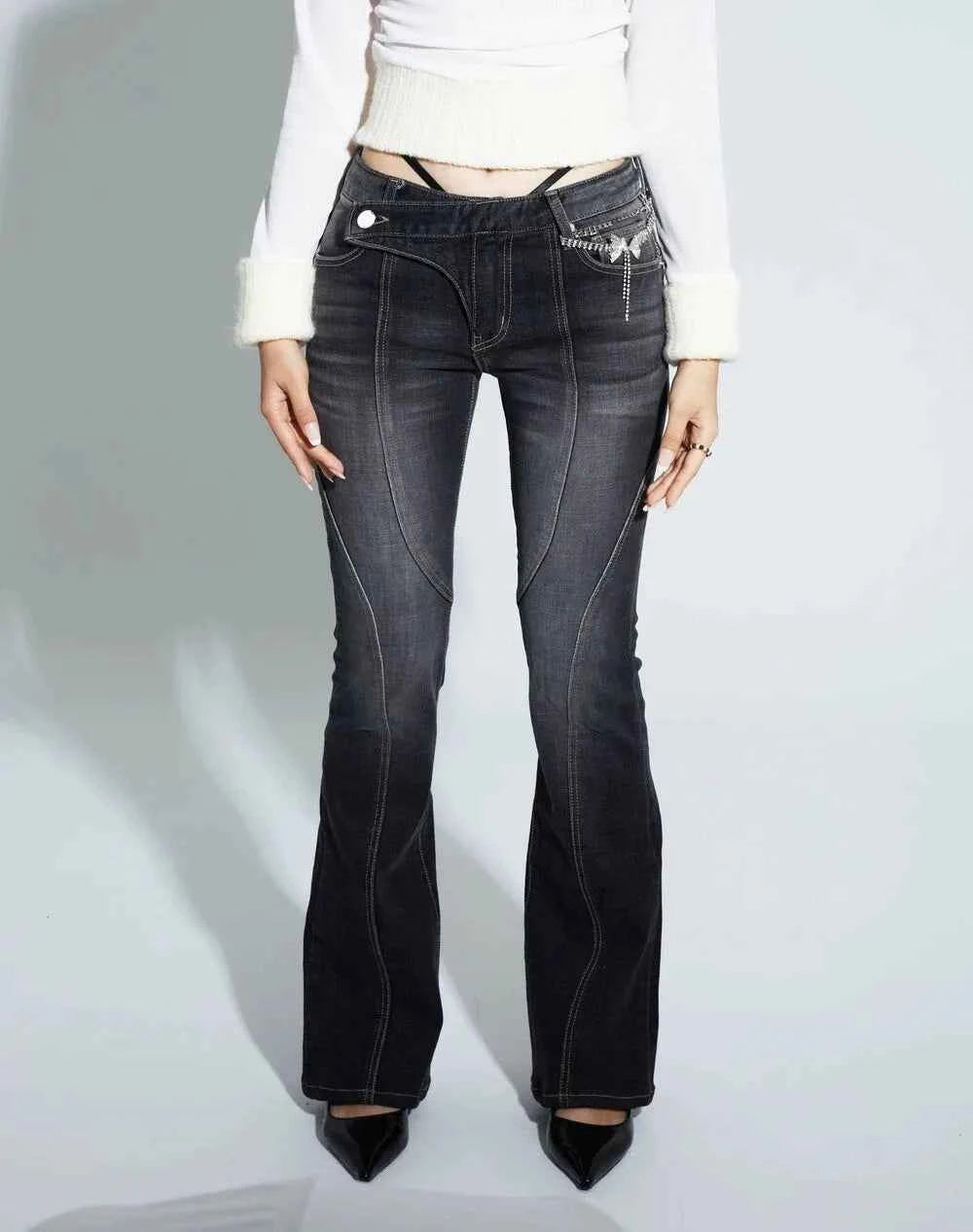 Vintage Distressed Low Waist Flare Jeans