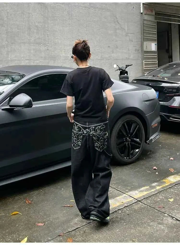 Retro Black Vintage Embroidery Oversized Baggy Jeans
