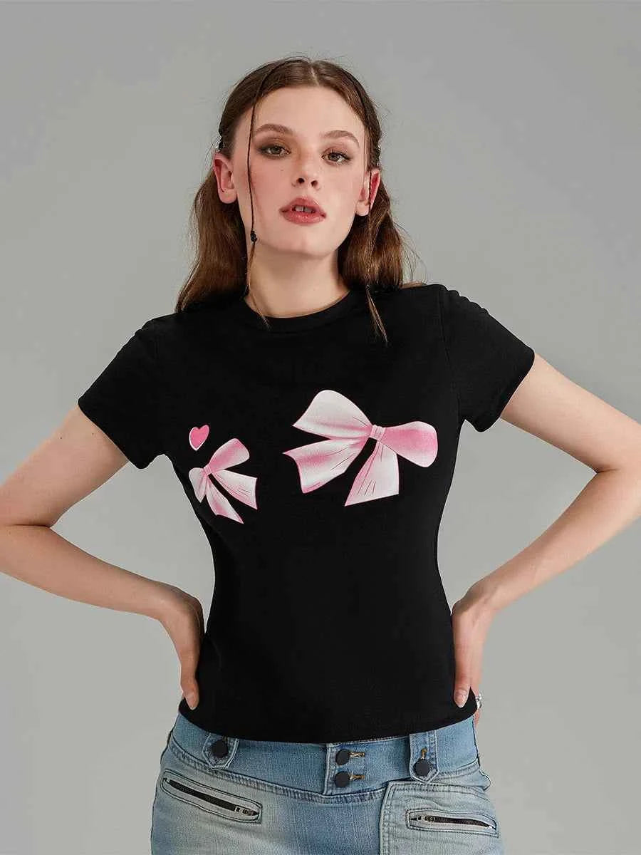 Soft Touch Bow Print Slim Fit Short T-Shirt