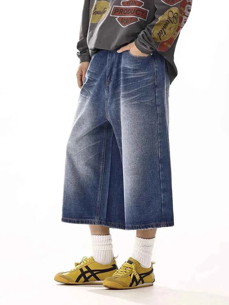 Vintage Blue Brushed Wide Leg Denim Jorts