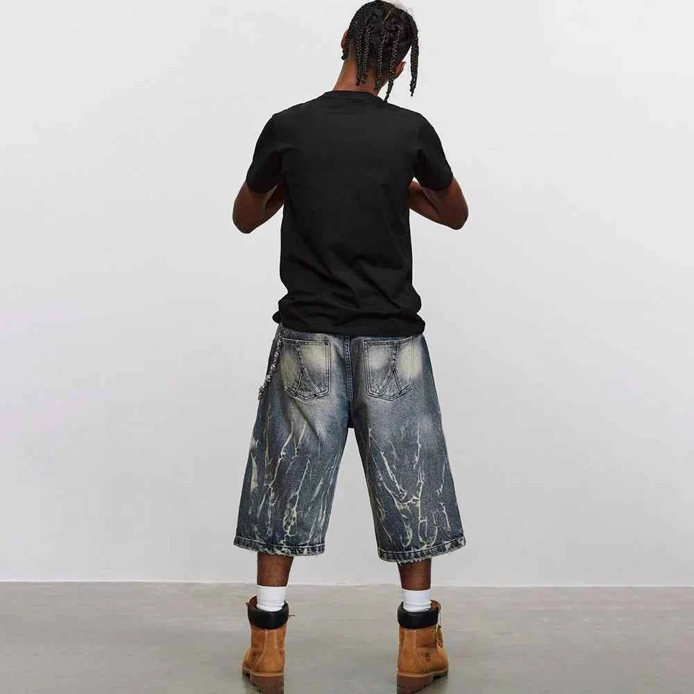 Lightning Pattern Washed Cropped Denim Jorts