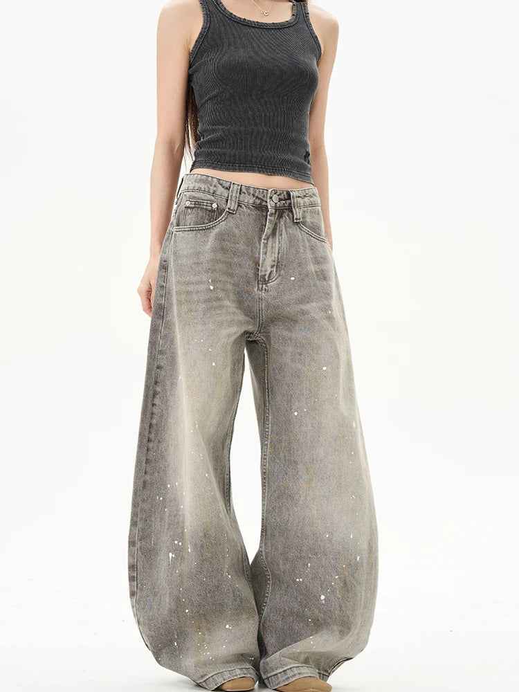 Rugged Look Baggy Gray High Waisted Jeans