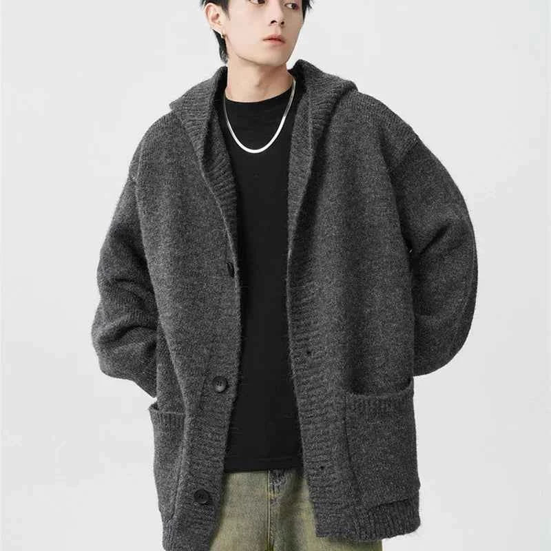 Vintage Cool Cozy Gray Hooded Knitted Cardigan