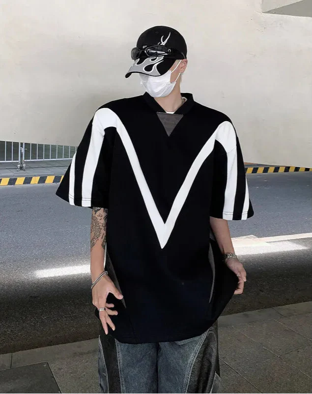 Vibrant Color Contrast Loose V-Neck T-Shirt - Luxuryurbanwear