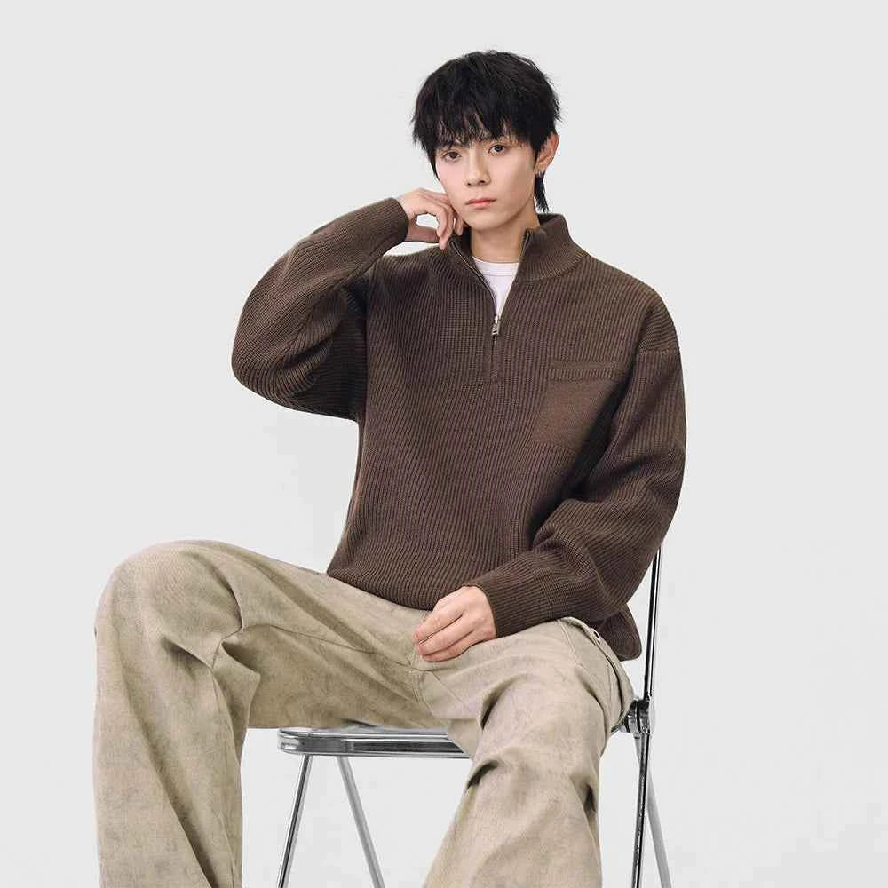 Soft Ribbed Knit Mock Neck Half Zipper Sweater