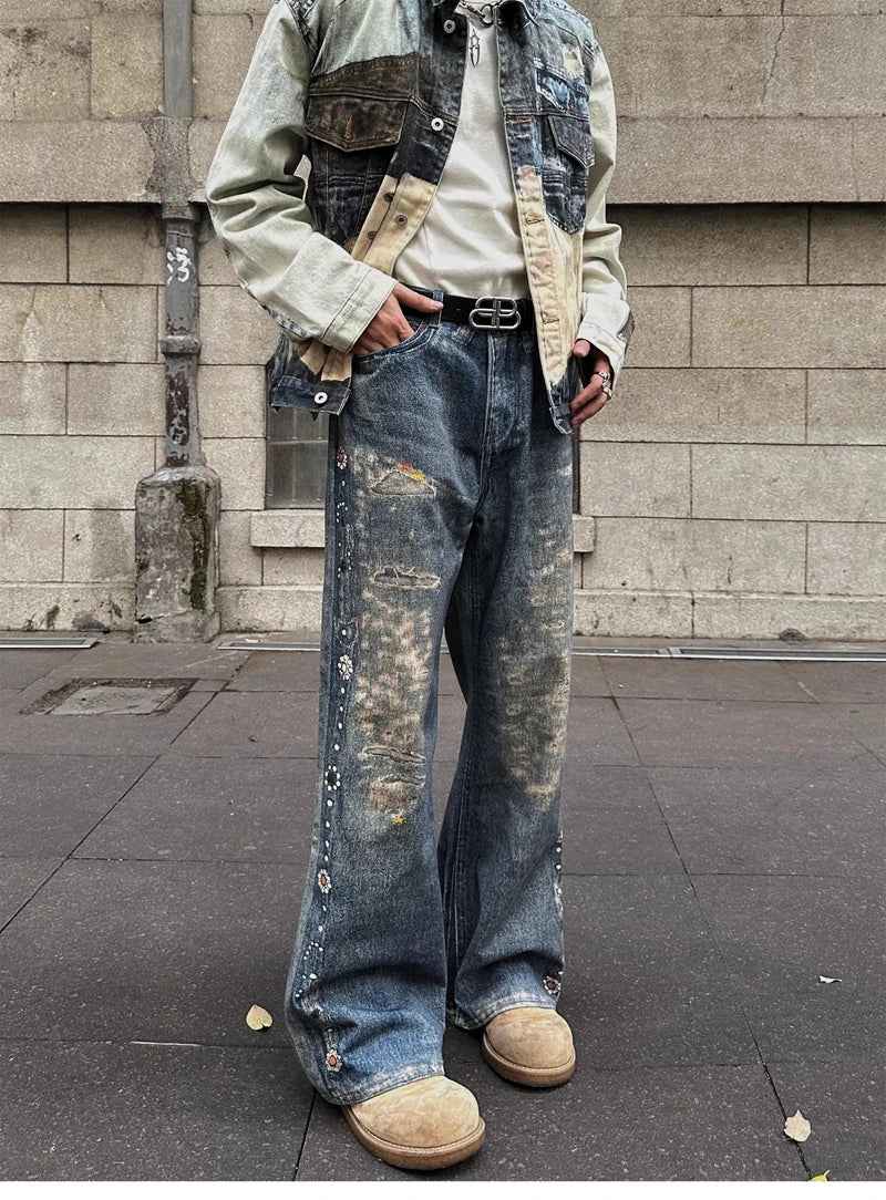 Vintage Digital Printed Distressed Jeans