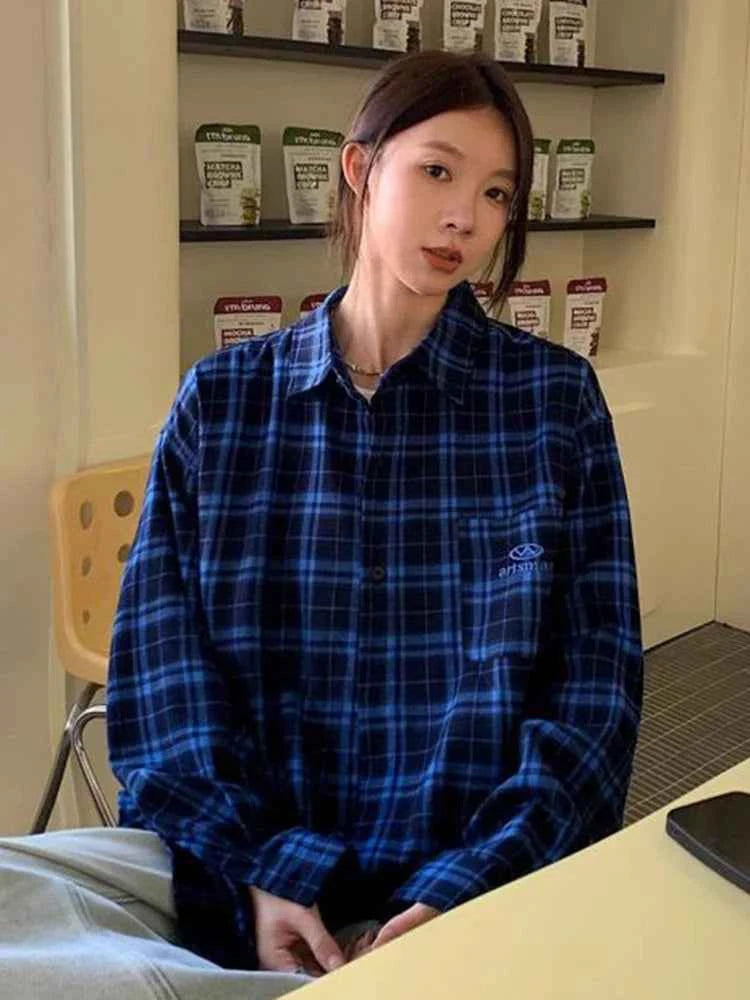 Women Hip hop Oversize Plaid Retro Long Sleeve Shirt