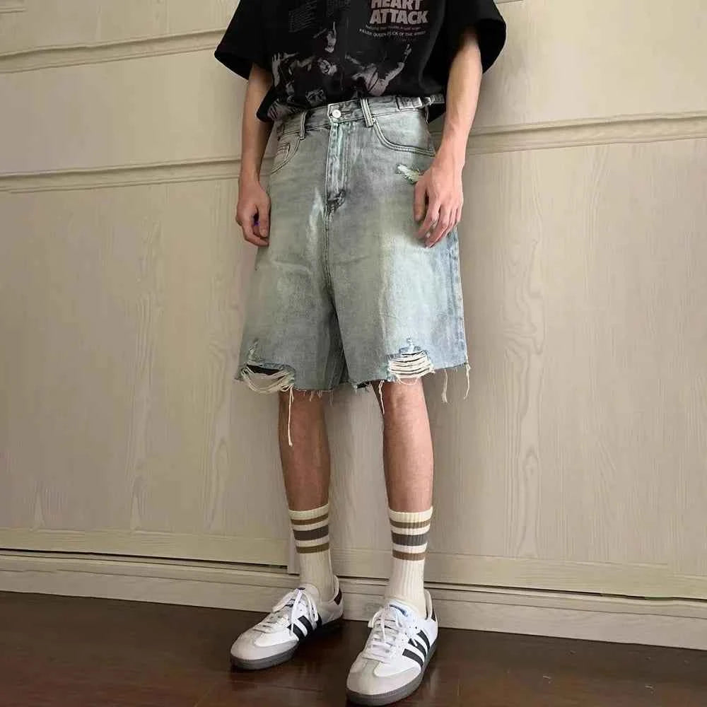 Retro Washed Solid Color Ripped Denim Short