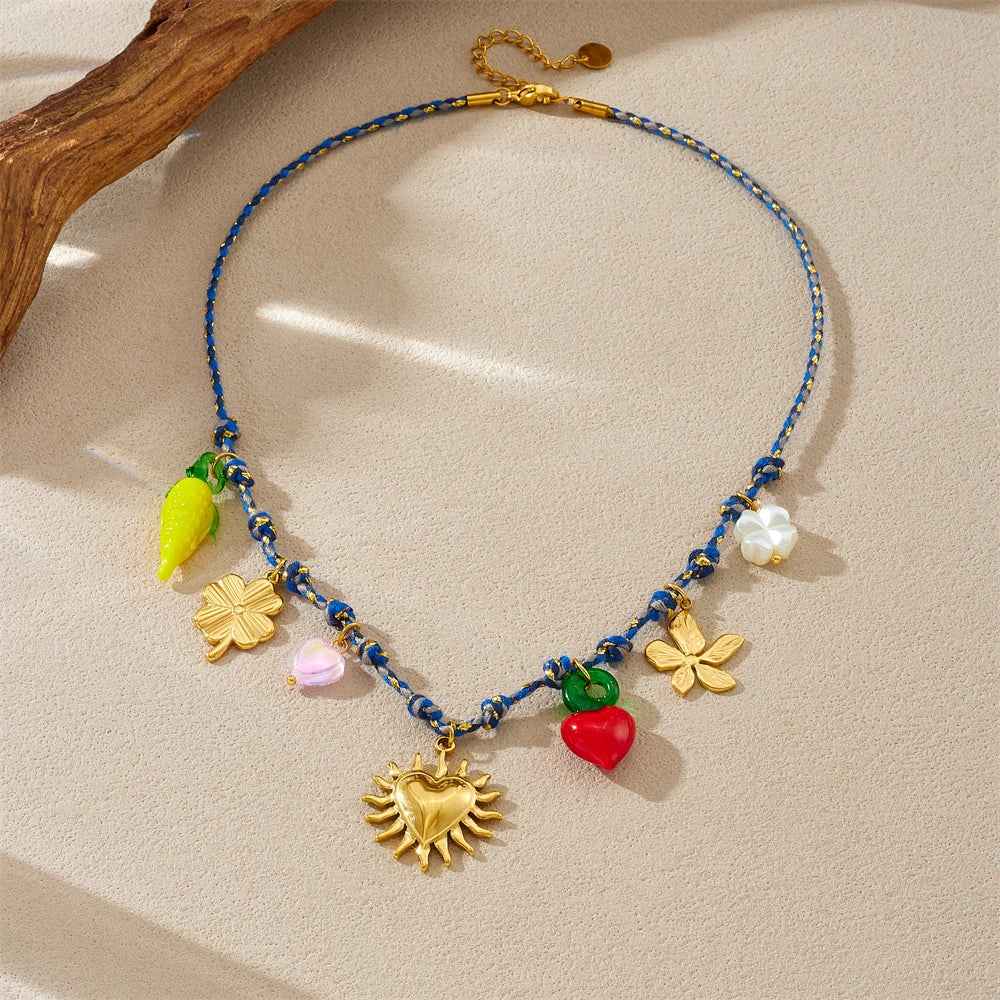 Golden Flower Heart Pearl Pendant Necklace