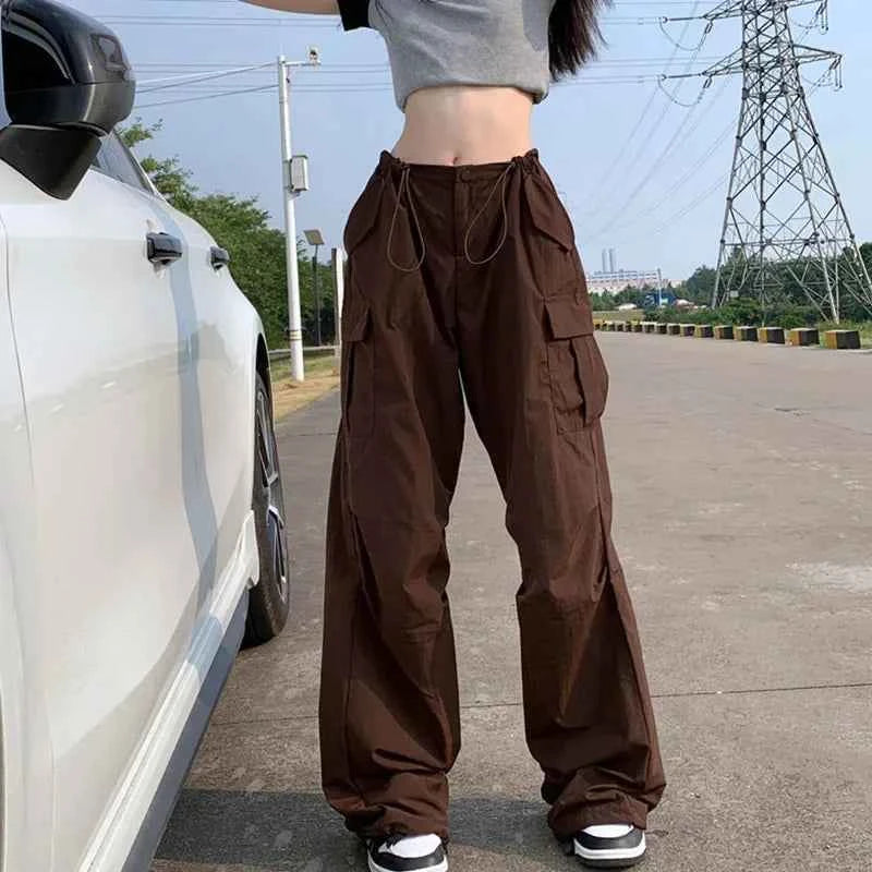 Women Cool Brown Vintage Drawstring Cargo Pants