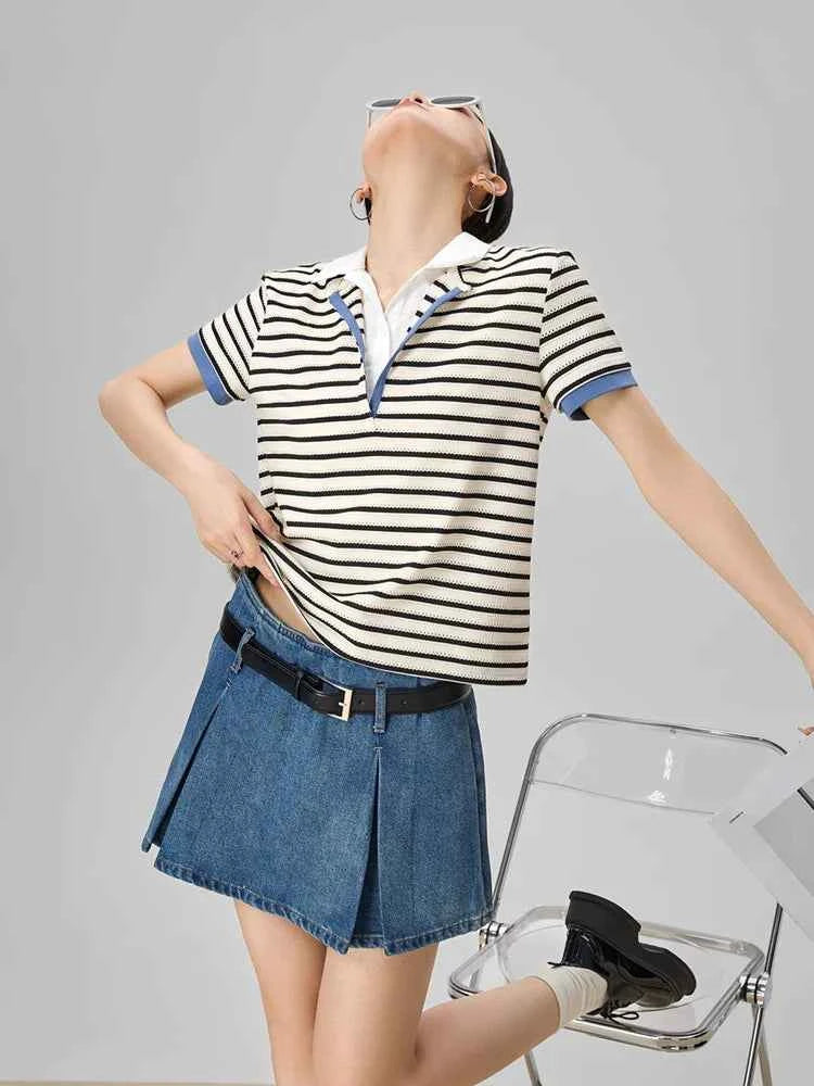 Cozy Striped Polo V-Neck Knit T-Shirt