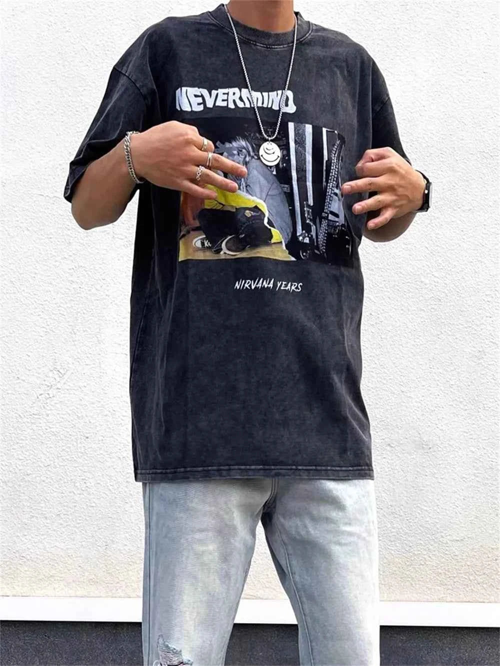 Distressed Washed Portrait Print Short Sleeve T-Shirt