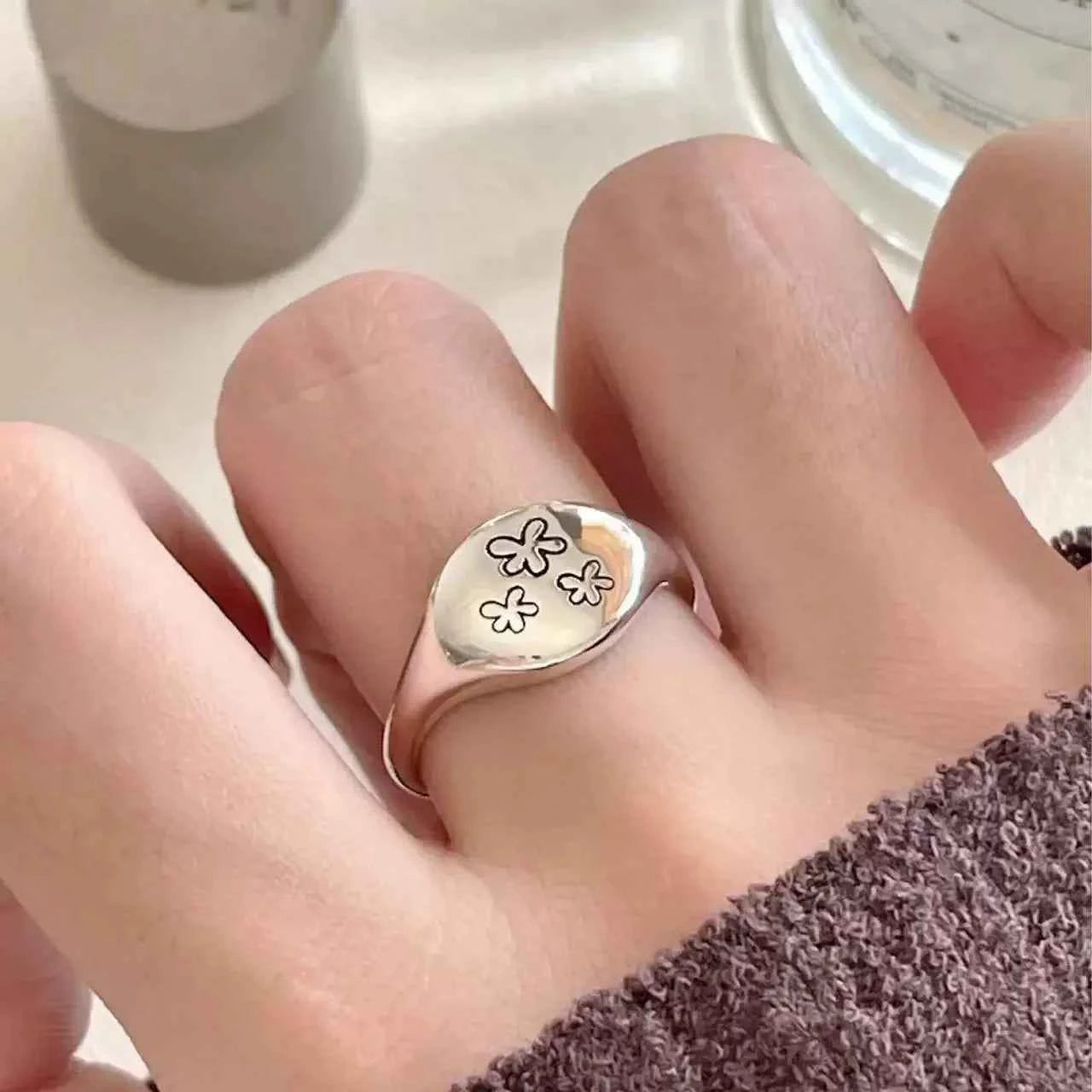 Minimalist Sterling Silver Flower Geometry Ring