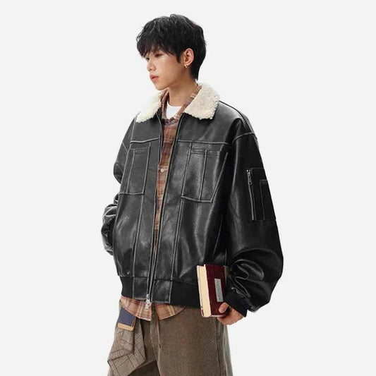 Patchwork Padded Faux Fur Collar Leather Jacket