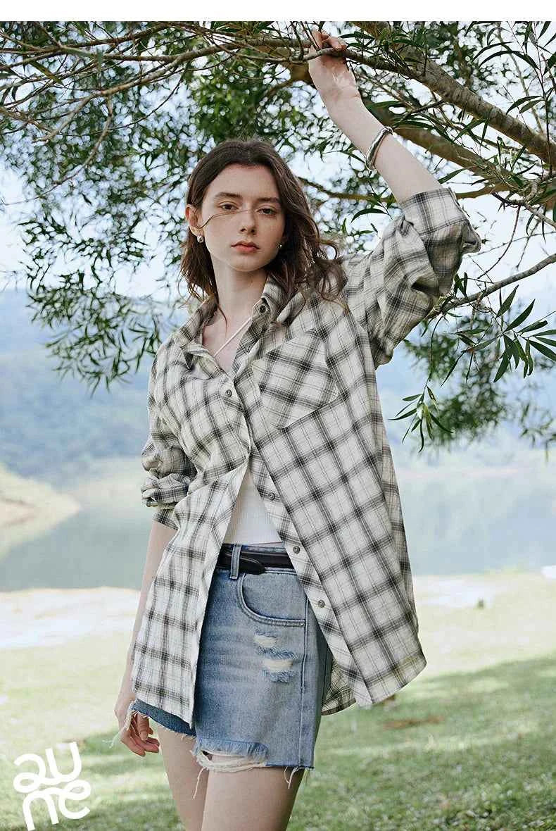 Women Plaid Retro Long Sleeve Blouse Shirt