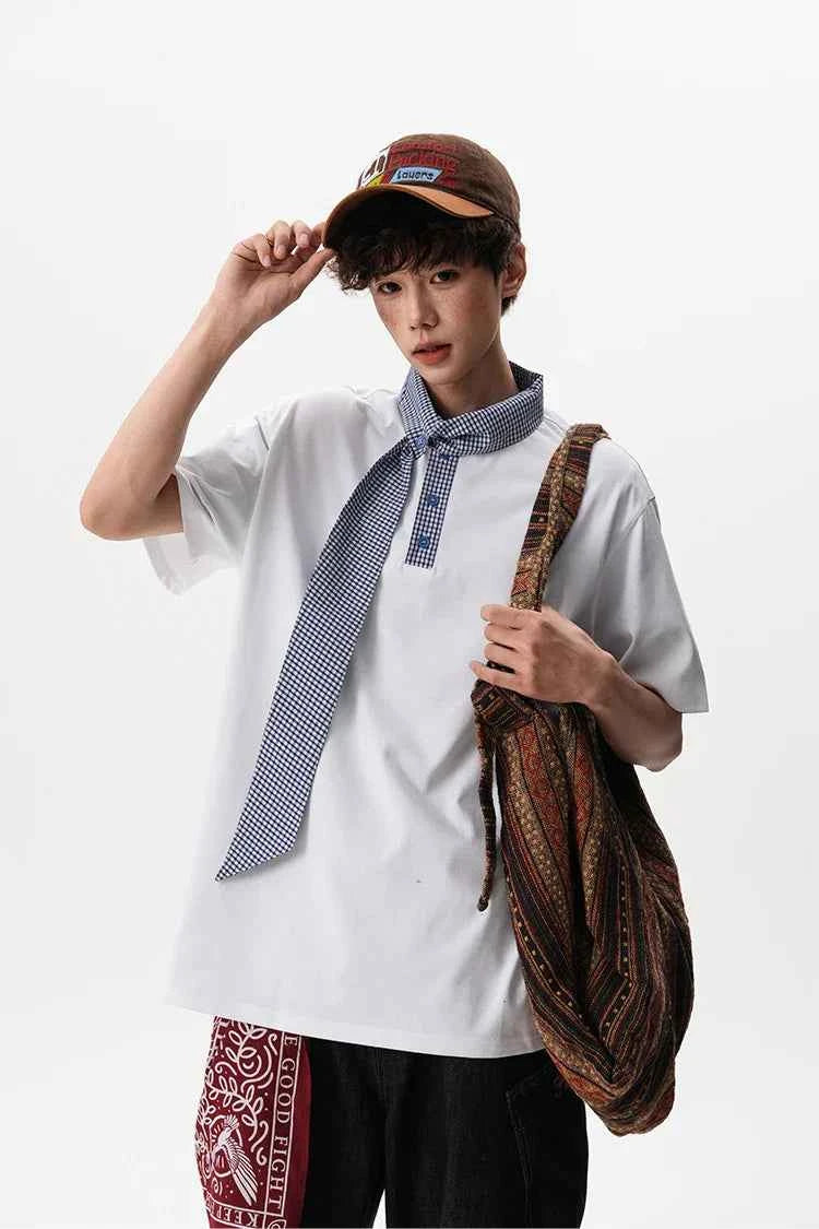 Gingham Tie Collar Oversized Short Sleeve T-Shirt