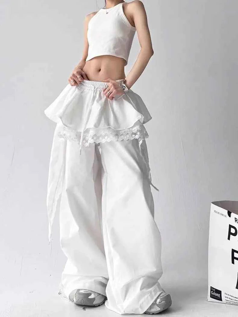 Contrasting Color Patchwork Lace Wide Pants