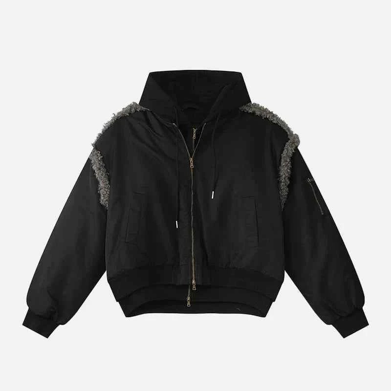 Stylish Patchwork Frayed Hooded Baseball Jacket