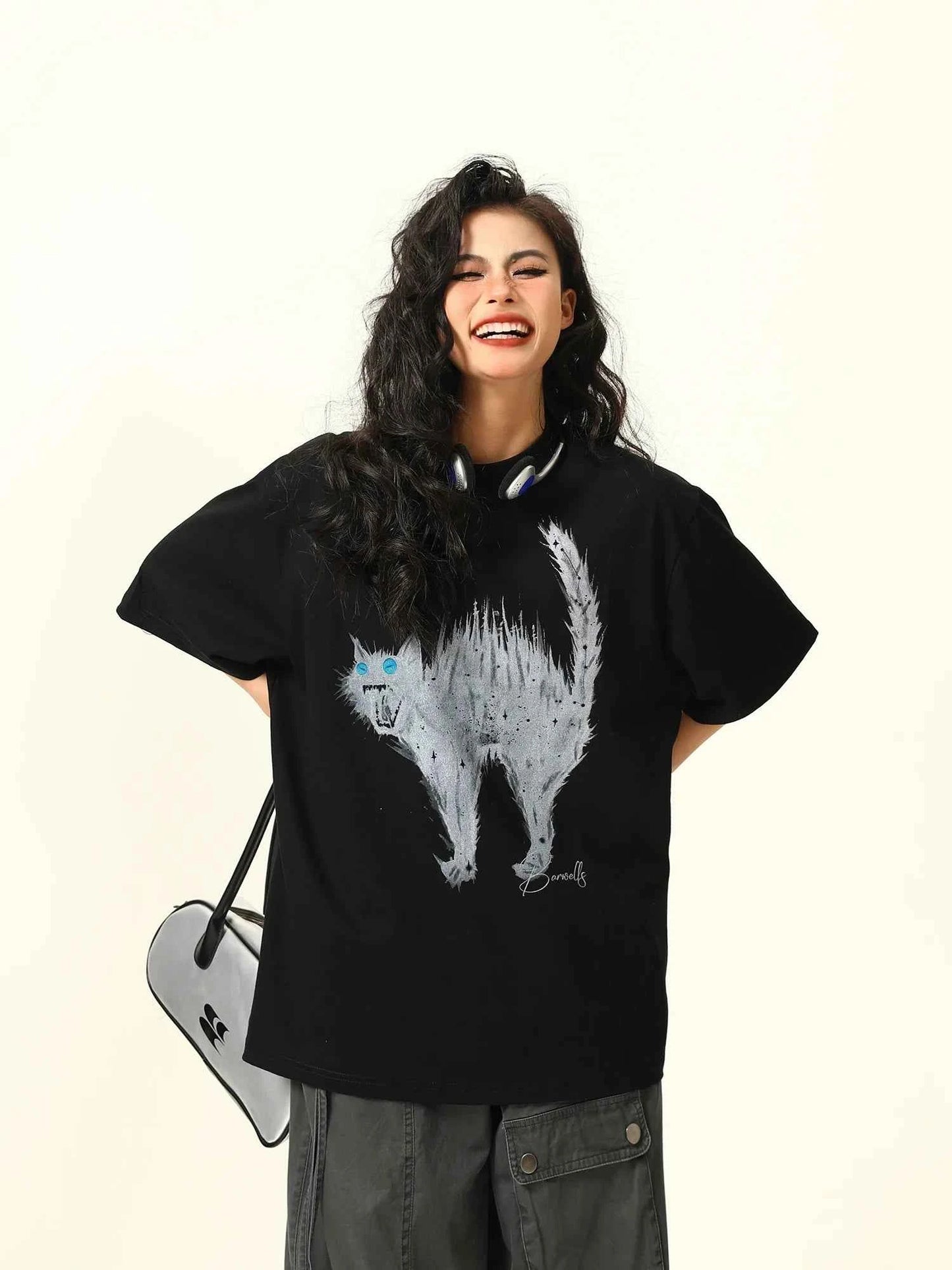 Retro American Cat Cartoon Print T-Shirt