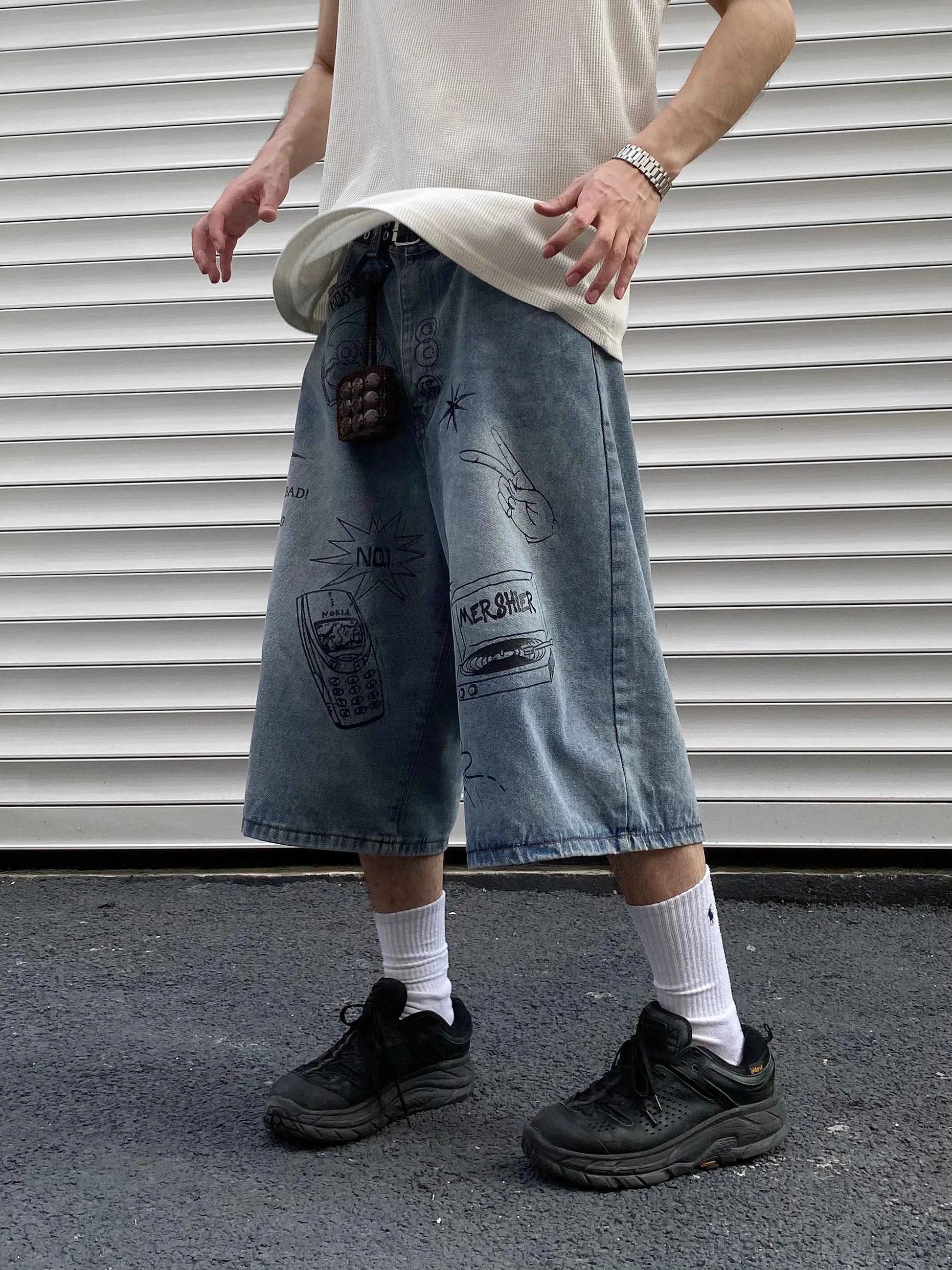 Apex Graffiti Print Vintage Denim Short