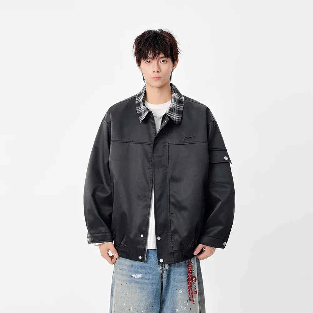 Warm Contrast Plaid Collar Button Up Leather Jacket