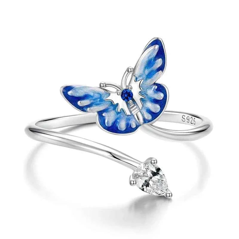 Women Adjustable Blue Enamel Butterfly Ring