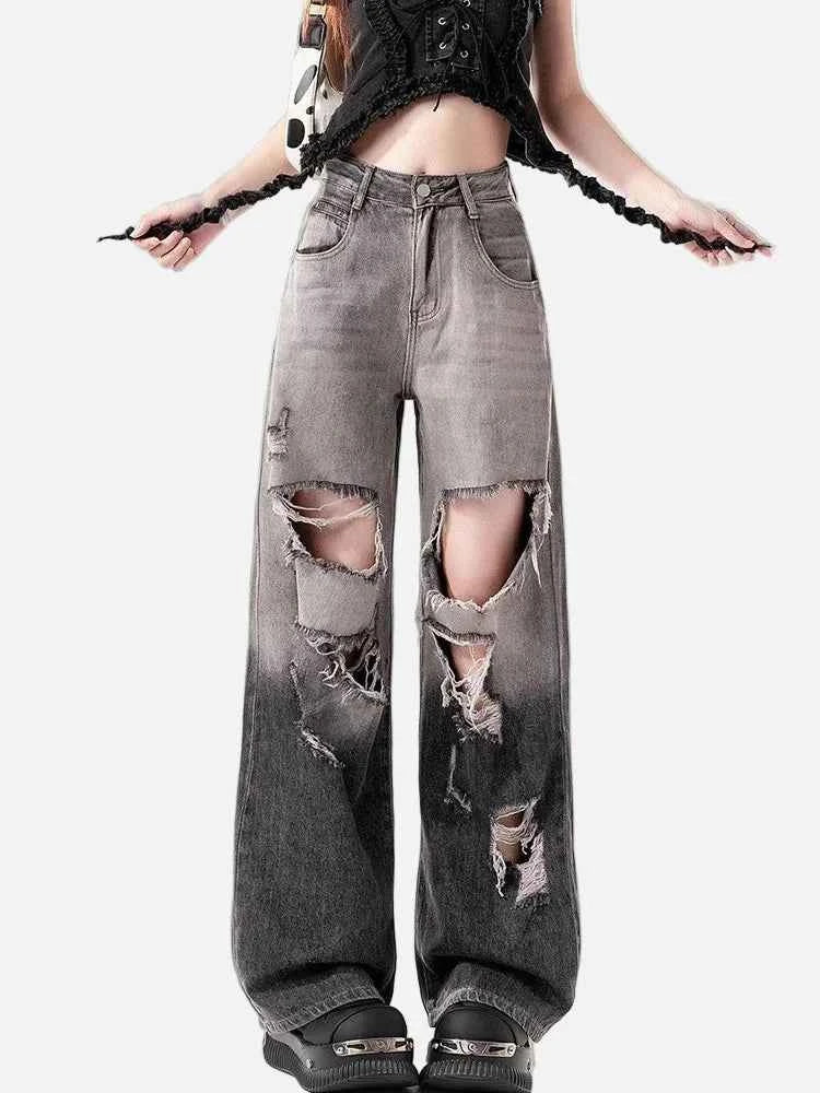 Fashionable Ripped High Waist Gradient Denim Jeans